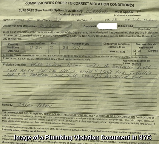 image of a NYC Plumbing violations document
