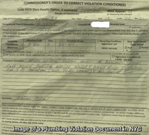 Example of a DOB plumbing code violation document in NYC