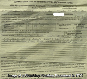 Example of a DOB plumbing code violation document in NYC