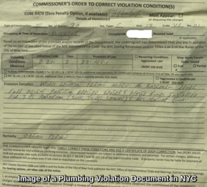 A NY plumbing violation document